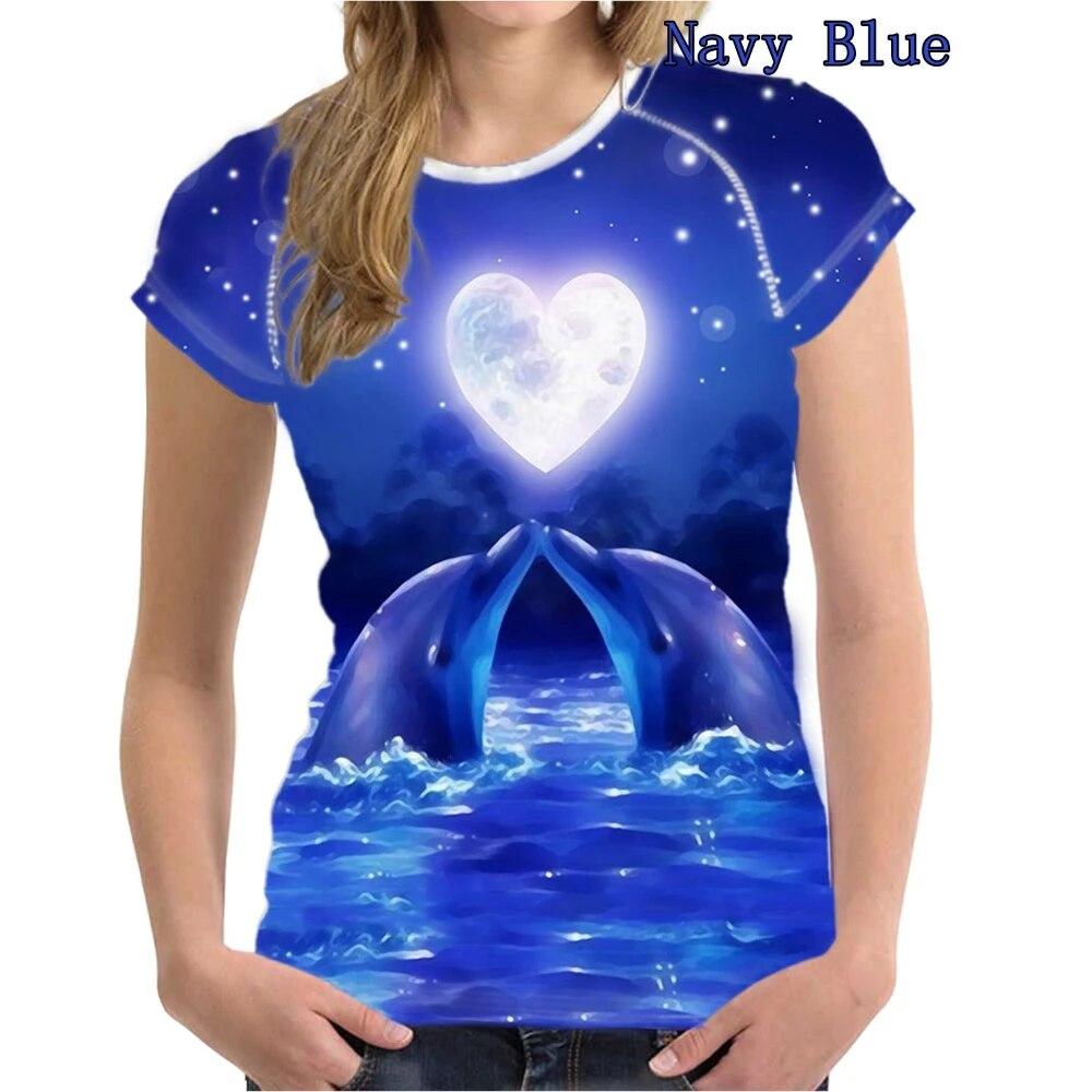 Новые женские модные летние повседневные футболки с короткими рукавами и круглым вырезом с 3d принтом, женские рубашки с дельфинами