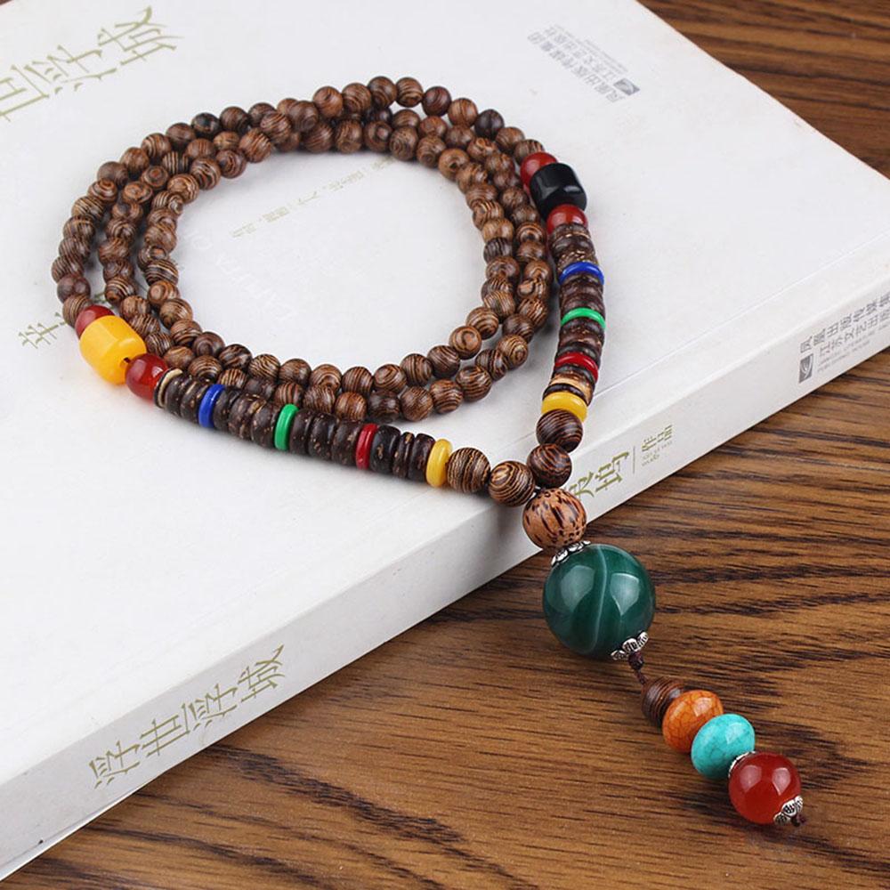 Men Handmade Nepal Horn Mala Buddhist Pendant Wood Beads Necklace Long Necklace
