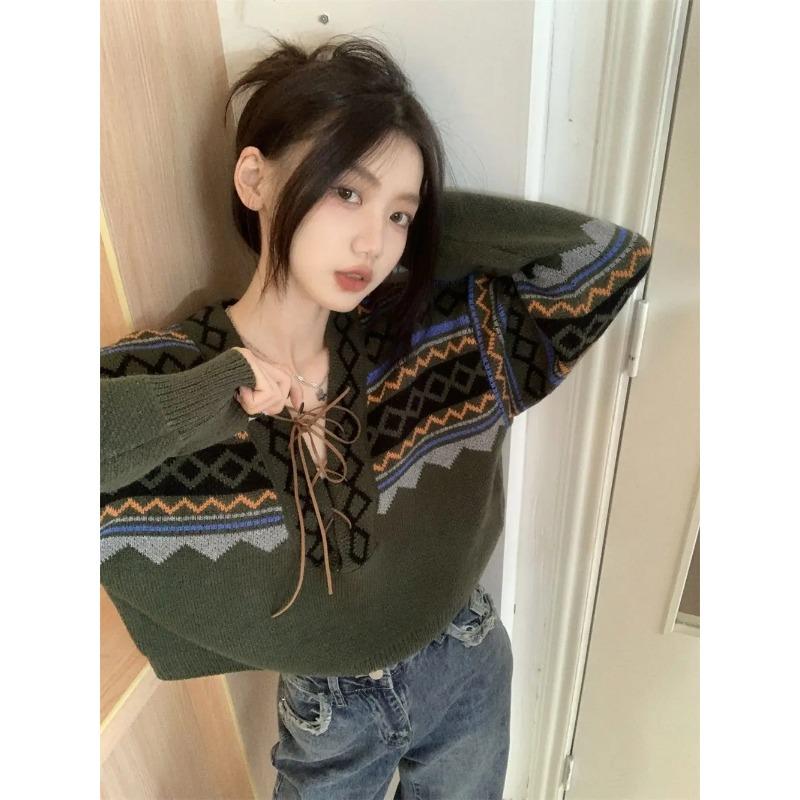 Винтажные свитера женские на шнуровке элегантные уютные с V-образным вырезом модные женские пуловеры в стиле BF трикотаж Ulzzang классический уличный стиль осень