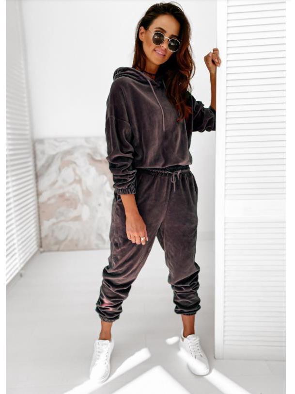 Women's Solid Color Gold Velvet Hooded Long-Sleeve Sports Casual Suit - Autumn/Winter 2021