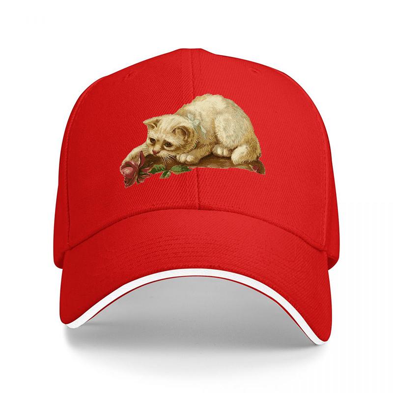 Cute Cat with Rose Embroidered Baseball Cap Classic Black Adjustable Hat for Unisex and Women Fashionable Streetwear Accessory