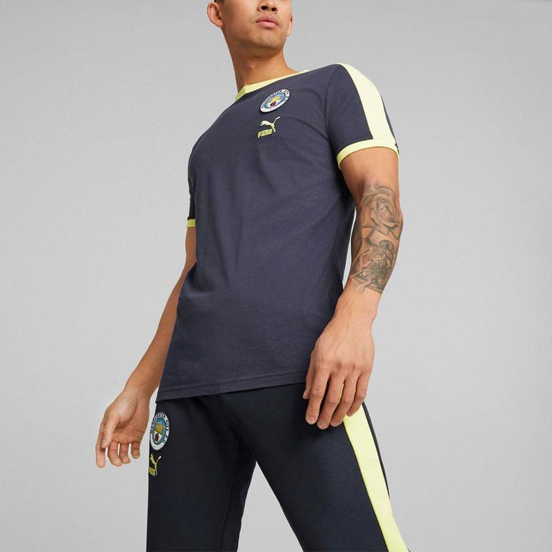 Puma 2022-23 Manchester City Color Block вышитый значок круглый вырез короткий рукав обычная футболка мужские топы темно-синие 769495-04