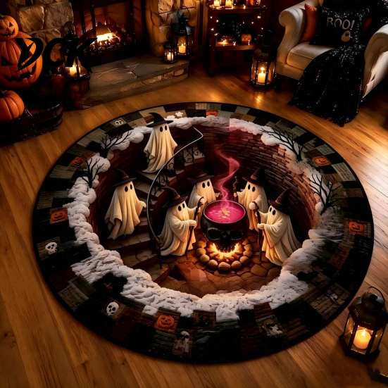 Ghost Pattern Carpet 3D Haunted Staircase Area Rug, Halloween Stair Round with Bathroom Floor Mat Anti-slip Backing, for Living Room Bedroom