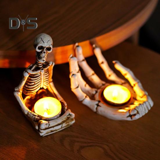 Halloween Candle Holder Resin Skeleton Hand Skull Backbone Candlestick Stand Tealight Holder Home Gothic Decor Spooky Party Supplies