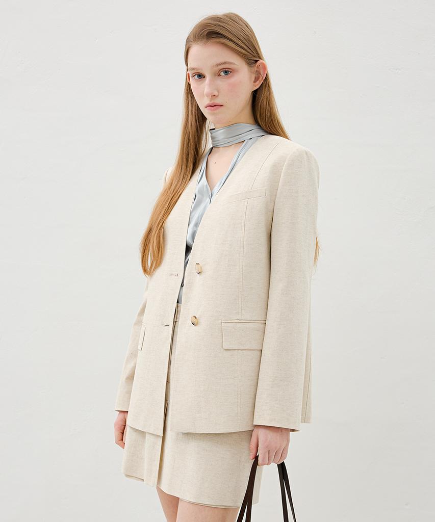 Olive Des Olive Linen Blend Collarless V-Neck Jacket Ow6Mj3010