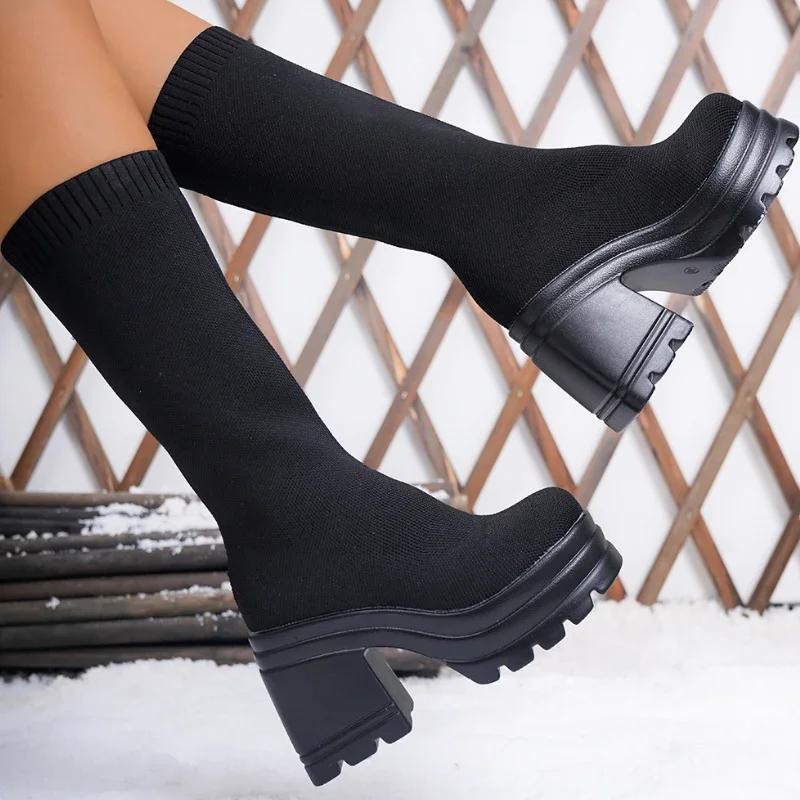 2025 Новый стиль женские сапоги на высоком каблуке вязаные теплые женские эластичные носки сапоги для сцены подиума повседневные женские модные сапоги без застежек