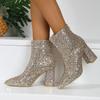 Autumn and Winter Large Size Pointed Sequins Thick Heel Women's Fashion Boots Silver Sequins Cute Low Boots Women's Boots