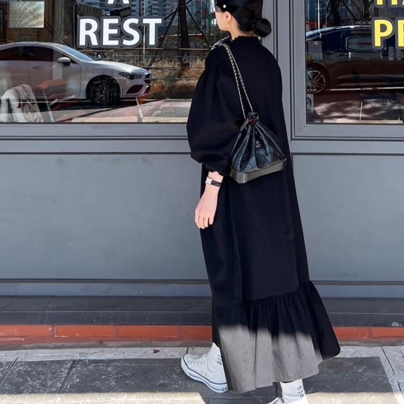 Johnature Fall Korean Pleated Lace Stitching Vintage Simple Lace Stitching Women Dress