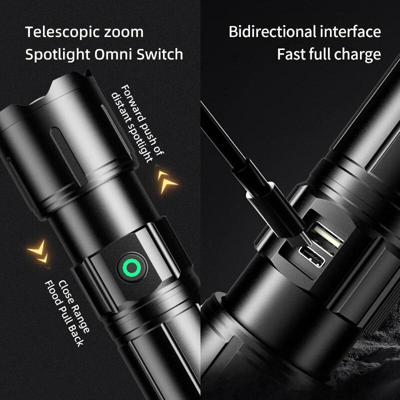 60w Super Bright 200m High Power LED Flashlight Torch Type-c Rechargeable Powerful Outdoor Self Defense Handlamp Camping Lantern