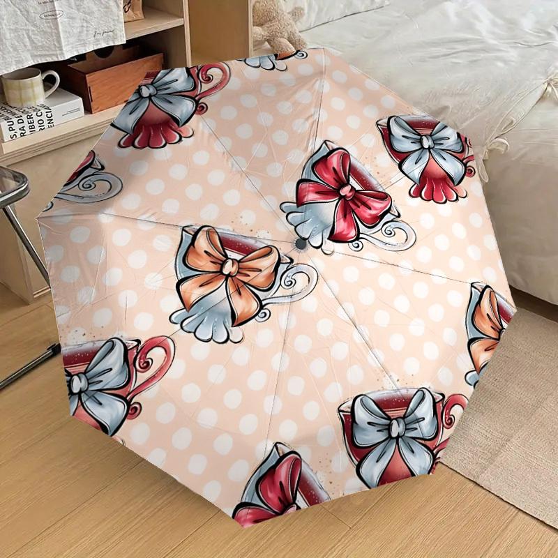 1pc Tea Cup Pattern Automatic Folding Umbrella - Portable Collapsible Design, 8-Rib Iron Frame, Casual Outdoor Accessory yy251215236