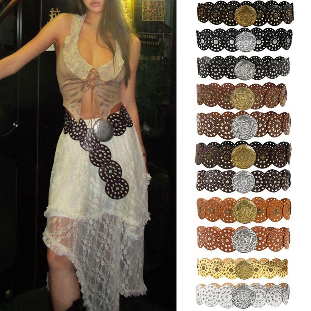 Metal Buckle Hollow Belt Y2K Wide Belts Vintage Disc Belts  for Women