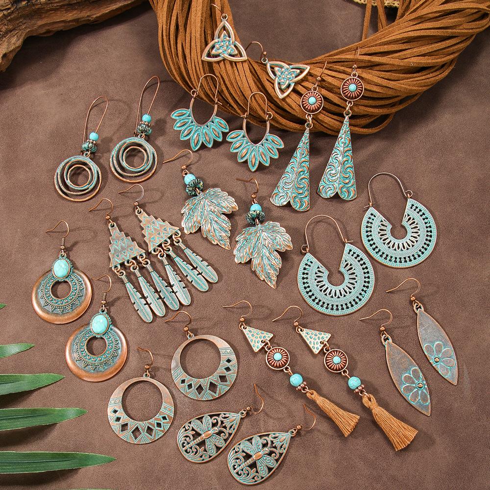 Bohemian Style Retro Earrings with Metal Geometric Hollow Out Ethnic Style Earrings