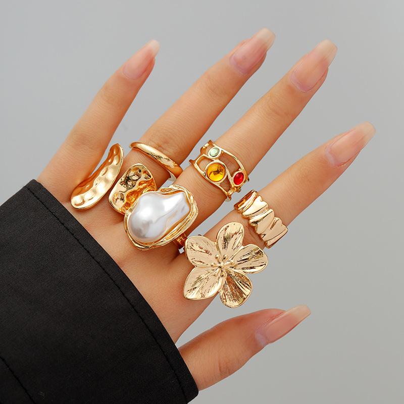 Design Liquid Lava Flower Opening Ring Ins Baroque Imitation Pearl Alloy Ring