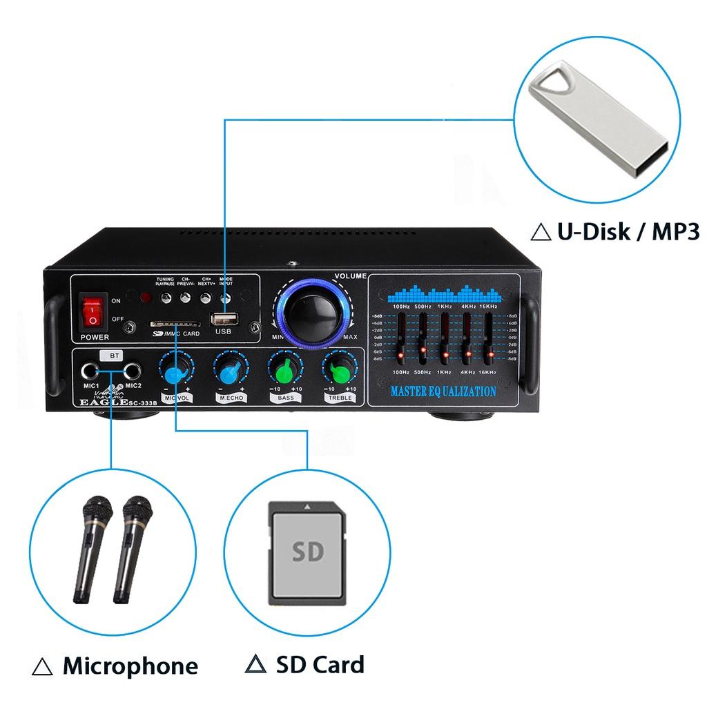 2000W 2 Micphone Bluetooth Stereo Amplifier Surround Sound Mixer 220V FM AUX USB SD AMP Home Cinema Karaoke Remote Control