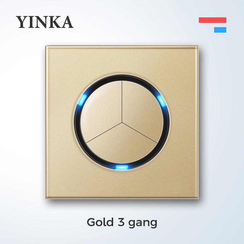 YINKA Universal Round Tempered Glass Home Wall Switch Panel LED Indicator Black/Grey/Gold/White 250V 86mm*86mm Wall Light Switch 3