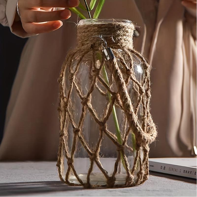 Retro hemp rope glass vase hand-woven American country creative hydroponic vase desktop ornaments flower vase