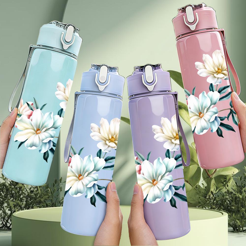 1PC White Watercolor Floral Graphic,750ml Color Plastic Sports Water Bottle,Leakproof Flip Straw Lid,Suitable for Sports Office Home Use