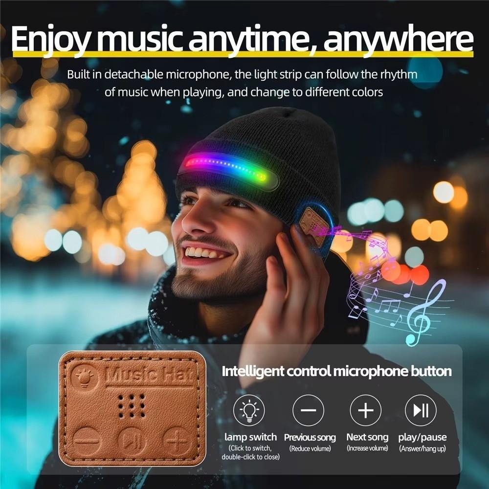Светодиодная шапка-бини с USB-зарядкой, трехрежимное освещение, съемные наушники с Bluetooth, встроенный динамик, микрофон