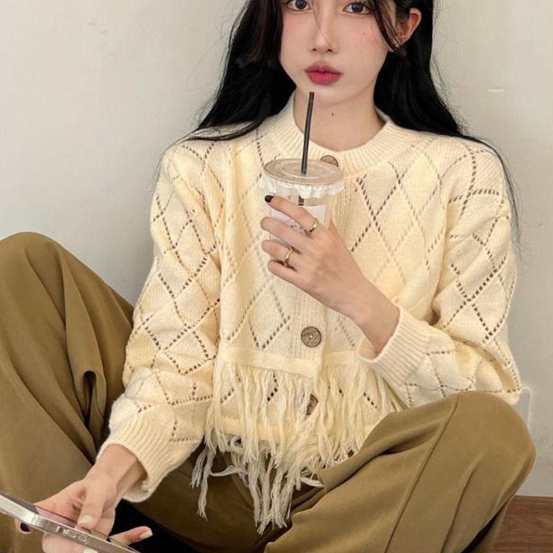 Ленивый корейский свитер, женский кардиган с вырезом и длинными рукавами, уникальный дизайн, ниша, осенний вязаный свитер, кардиган, женский топ