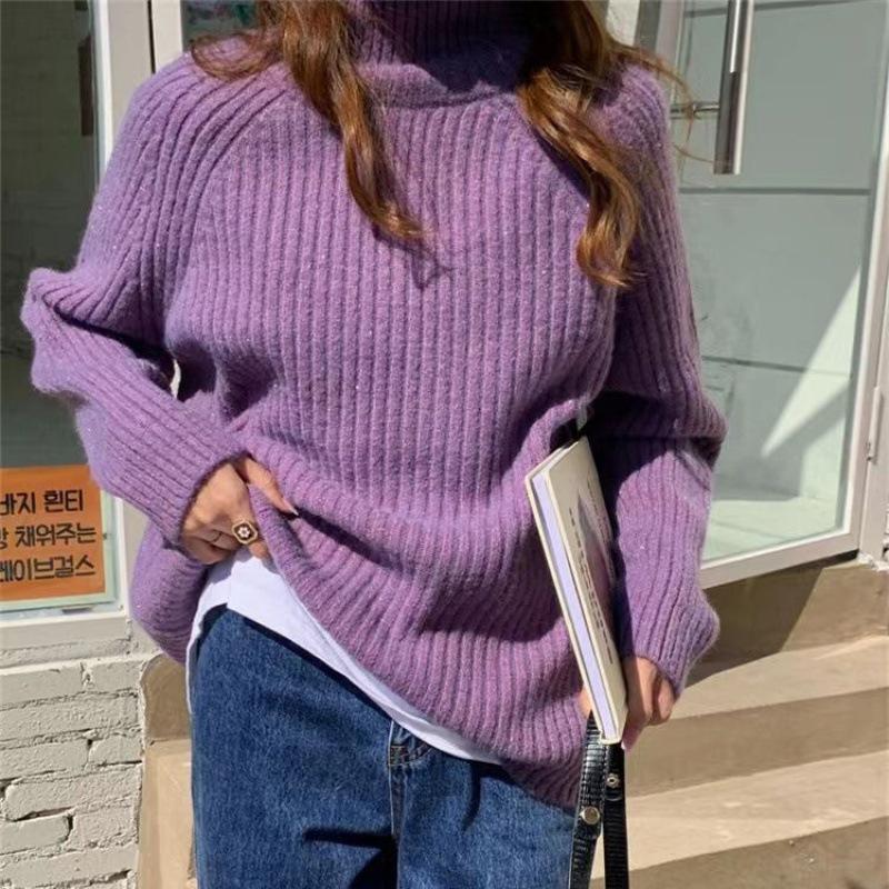 Яркий шелковый утолщенный теплый свитер с высоким воротником женский ленивый осенний и зимний ветреный стиль нежный мягкий восковой базовый вязаный свитер топ женский