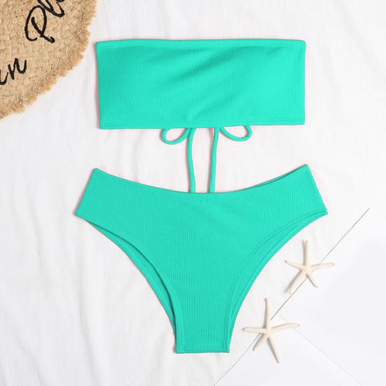 2Pcs/Set Back Lace-up Solid Color Bikini Set Two Pieces Bandeau Bra