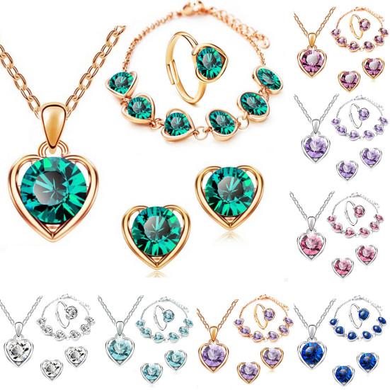 4 шт./компл. блестящее элегантное ожерелье, серьги, браслет, кольцо, регулируемый женский комплект ожерелья с подвеской в ​​виде сердца со стразами
