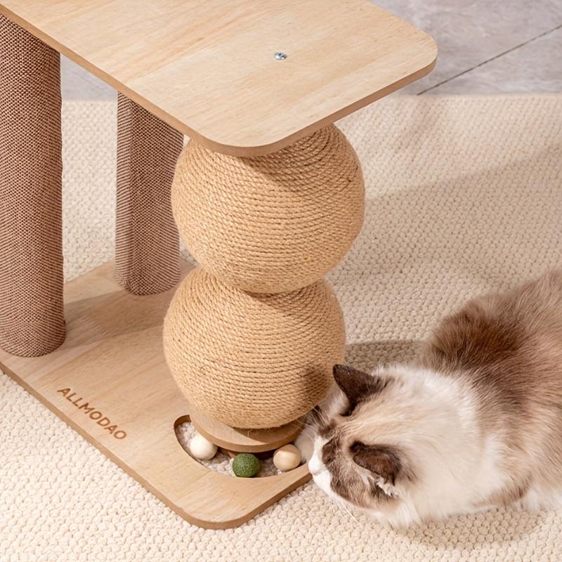 Wood Cat Scratching Post with Sisal Rope Ball - Durable Claw-Grooming Toy for Cats, Multi-Level Design for Play