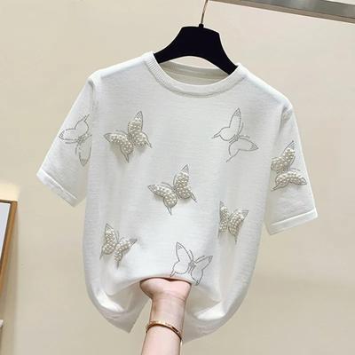 Летние женские футболки с круглым вырезом и короткими рукавами, женские вязаные топы с милой жемчужной вышивкой, шикарные корейские футболки с бабочкой и бисером
