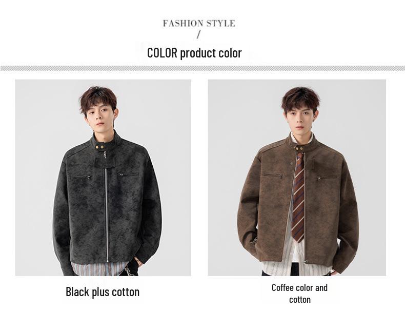 Мужская ретро американская куртка из искусственной кожи тай-дай - Теплая, модная, со стойкой воротником для осени