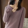 Korean Style V-Neck Long Sleeve Knitted Sweater for Women - Autumn/Winter Solid Color Loose Fit Pullover Top