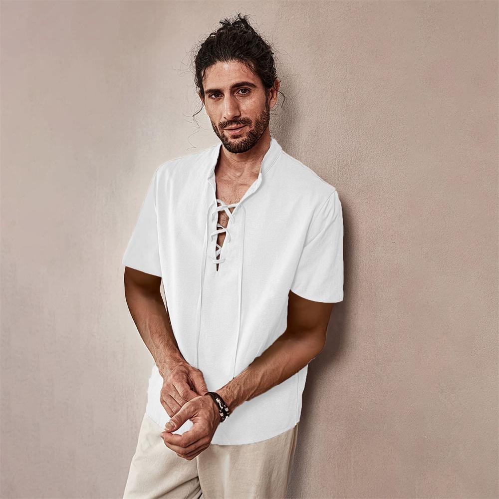 Винтажная футболка с коротким рукавом и V-образным вырезом для мужчин, однотонная, из хлопка и льна, дышащая, легкая, стильная, модная, мужские топы