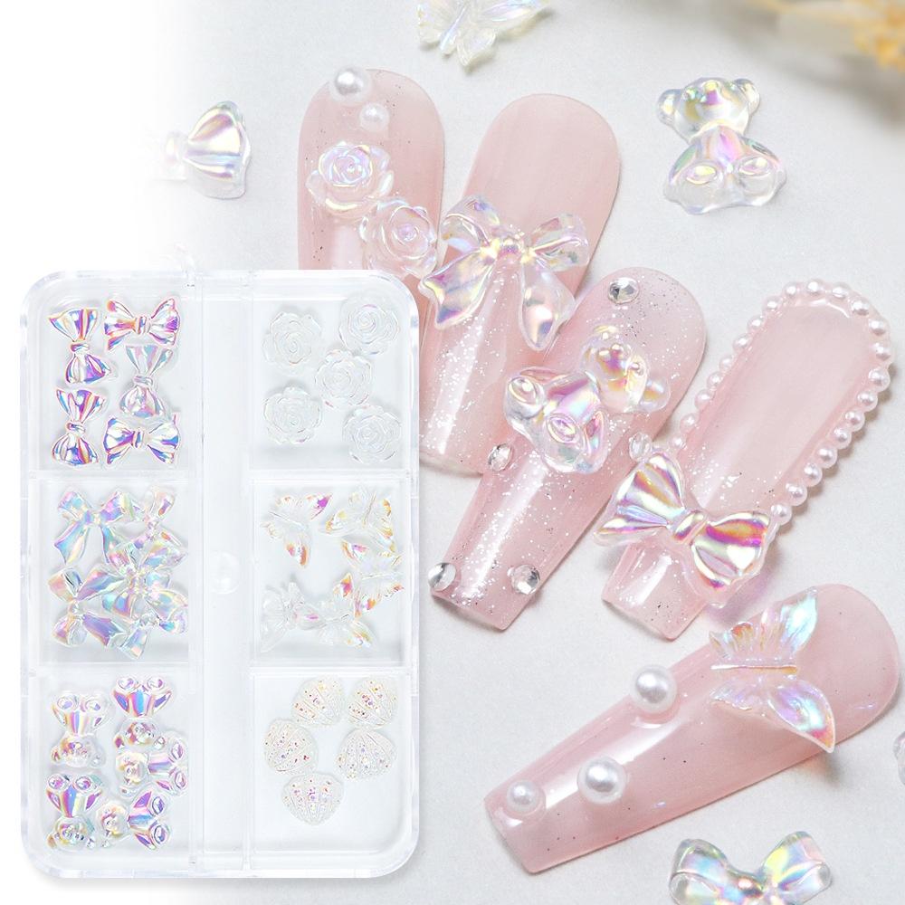 30pcs Aurora Mixed Resin Nail Charms 3D Ribbon Flower Bear Butterfly Nail Rhinestone Decoration Parts DIY Manicure Supplies