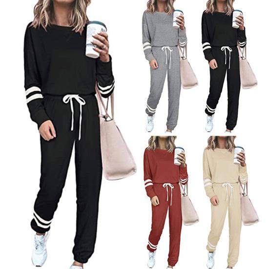 2 Pcs/Set Women Top Pants Suit Round Neck Long Sleeves Striped Solid Color Sweatshirt Drawstring Elastic Waist Trousers