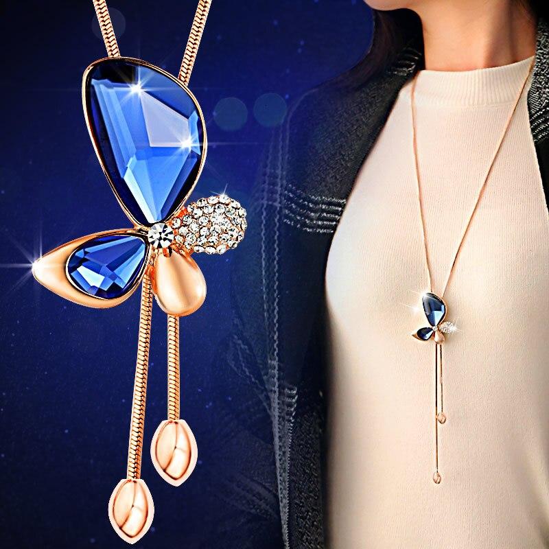 Длинные ожерелья и подвески для женщин Collier Femme, синий тюльпан, массивное свитер-цепочка, ожерелье, модные серебряные ювелирные изделия с кристаллами 2021