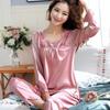 Pajama Women's Summer Ice Silk Long Sleeved Pants Two-piece Set Loose Oversized Lace Sexy Home Clothing Autumn