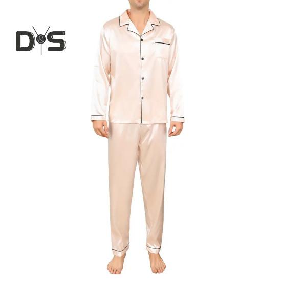2 шт./компл. Шелковый атласный мужской пижамный комплект с пуговицами, длинными рукавами, верхом из пижамы с воротником-стойкой, пуговицами спереди, нагрудным карманом, длинными штанами, одежда для сна