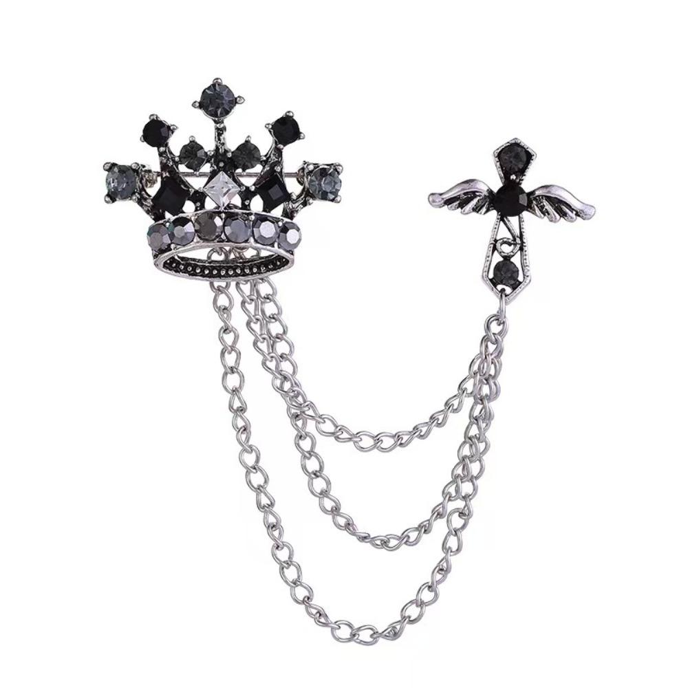 Rhinestone Crown Tassel Brooch Chain Suit Collar Pin Temperament Suit Lapel Pin Male Charm