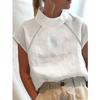 Women's Cotton Blouse Summer White Tops Vintage Stand Neck Short Sleeve Casual Shirt