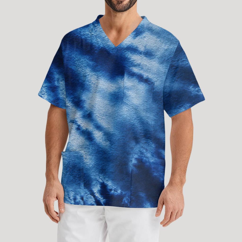 Мужская рабочая блузка с короткими рукавами и v-образным вырезом с принтом, топ с нагрудным карманом