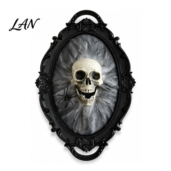 Creepy Skull Wall Art Halloween Gothic Decoration, Vintage Red Rose Frame Sculpture, Ornament Horror Spider Web for Holiday Party