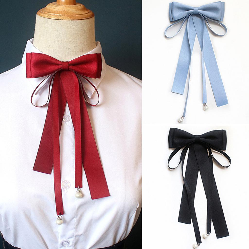 Elegant Pearls Long Ribbon Bowtie with Pin Pre Tied Adjustable Preppy Styles Bowknot Necktie for Fashionable Women Ties
