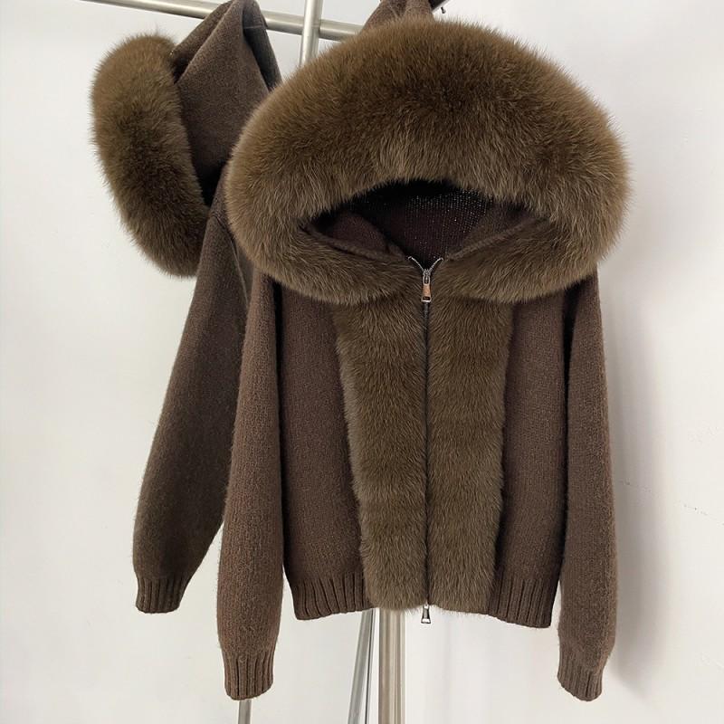 Womens Oversized Knit Cardigan With Real Fox Fur Hood Trim Warm Fall Winter Sweater