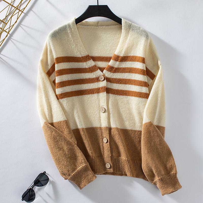 Striped Patchwork Cardigan Women's Sweater Autumn and Winter Clashing Colours Knitted Cardigan