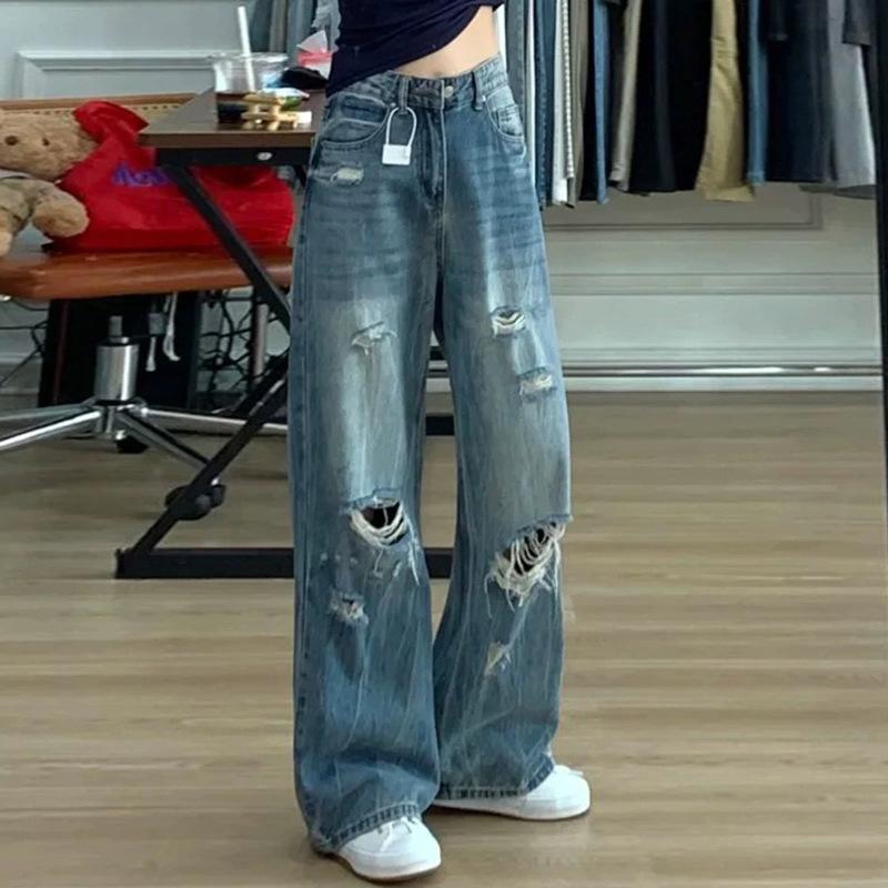 New spring American ripped wide-leg jeans women's thin and drape loose high-waisted straight mopping pants