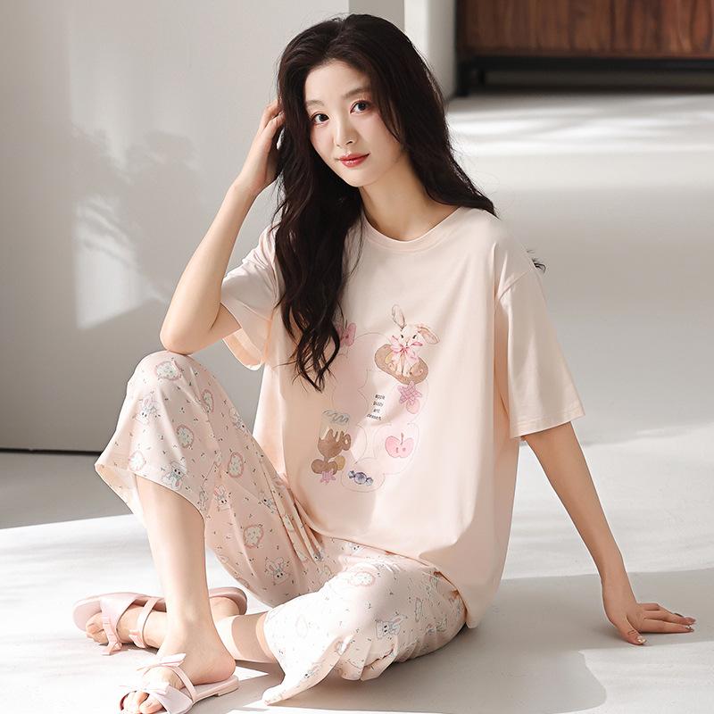 Pajamas women's summer thin Modal cotton short-sleeved cropped pants 1011 new floral loungewear cotton and silk suit