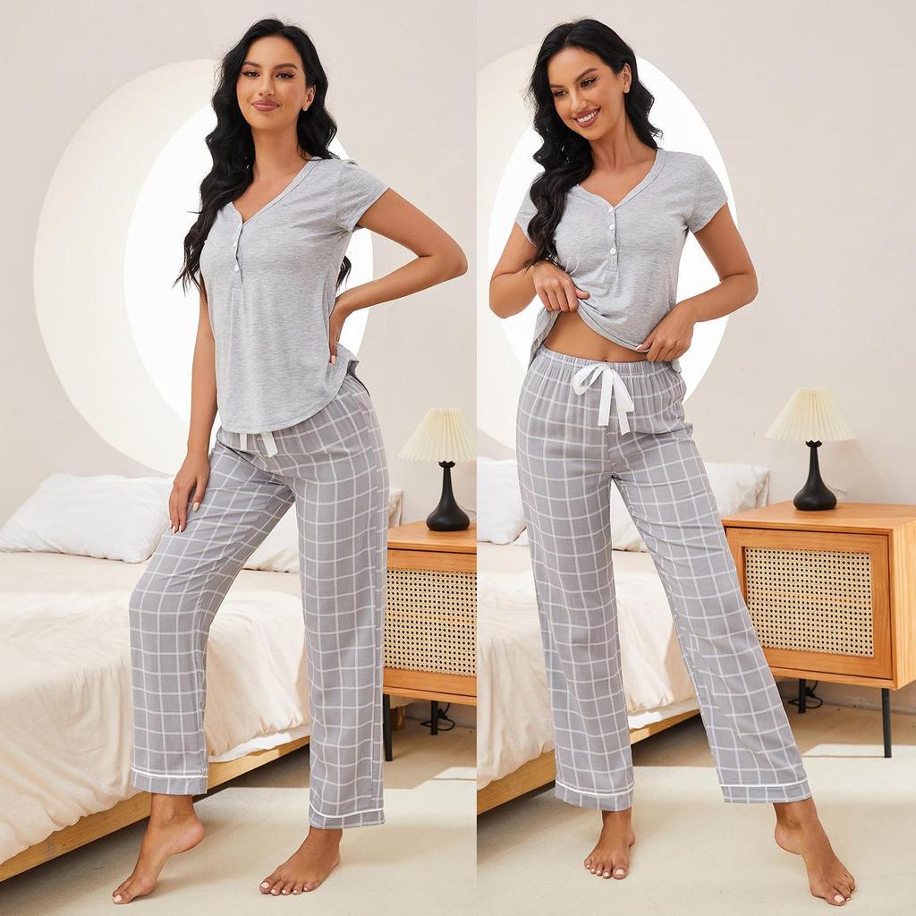Женский спальный костюм, пижама, рубашка с v-образным вырезом, длинные клетчатые брюки, комплект из 2 предметов, домашняя одежда, весенне-летний повседневный костюм, ночная одежда