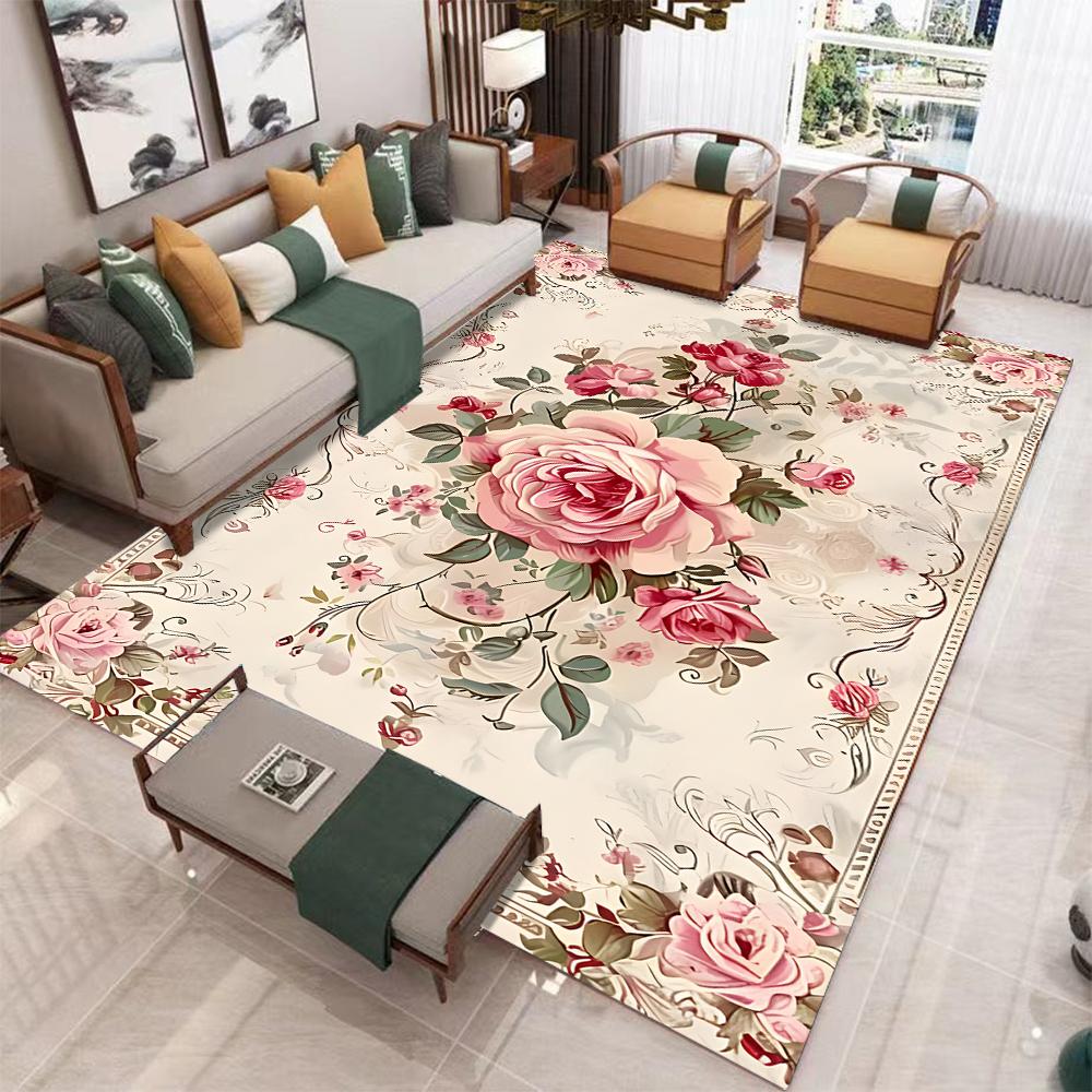 Luxurious Vintage Floral Print Area Rug Non-Slip Machine Washable Floor Mat for Living Room Bedroom Office Decor Washable Carpet