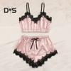 Женский пижамный комплект из 2 предметов, кружевная отделка, V-образный вырез, укороченный топ на бретельках, эластичный пояс, шорты, повседневный комплект без рукавов, домашний комплект