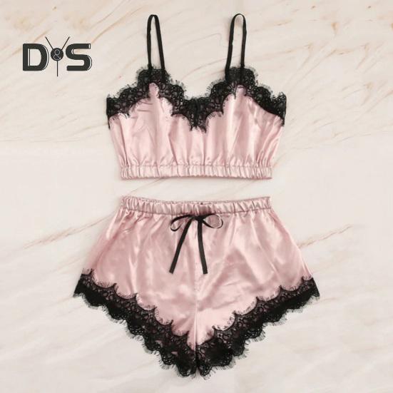 Женский пижамный комплект из 2 предметов, кружевная отделка, V-образный вырез, укороченный топ на бретельках, эластичный пояс, шорты, повседневный комплект без рукавов, домашний комплект