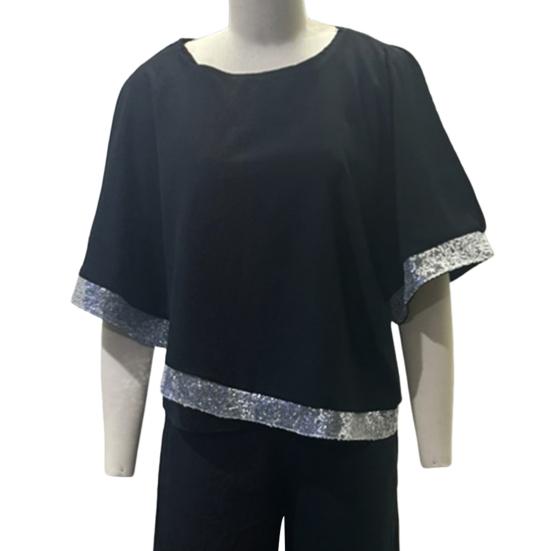 2 Pcs/Set Women Top Pants Set Bat Sleeve O Neck Shiny Sequin Irregular Blouse Elastic